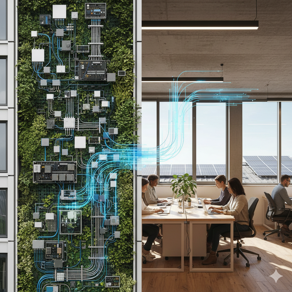 Smart building technology and green infrastructure creating sustainable efficient work environments